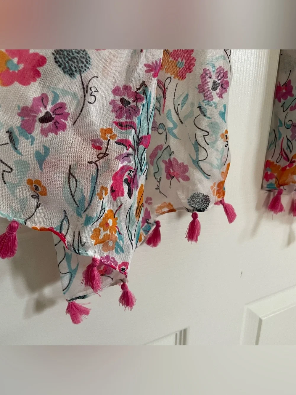 Sheer Floral Print Fashion Scarf with Tassels